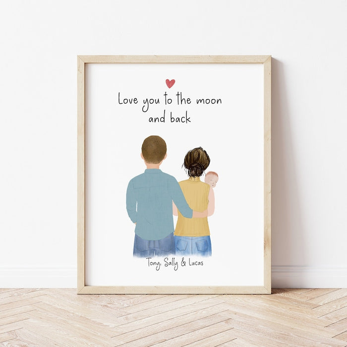 Mom, Dad and Baby Personalized Wall Art | Custom Illustration | Mother's Day Gift