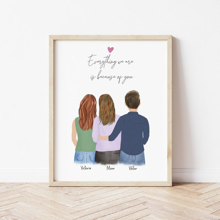 Mom and Kids Personalized Wall Art | Custom Illustration | Mother's Day Gift