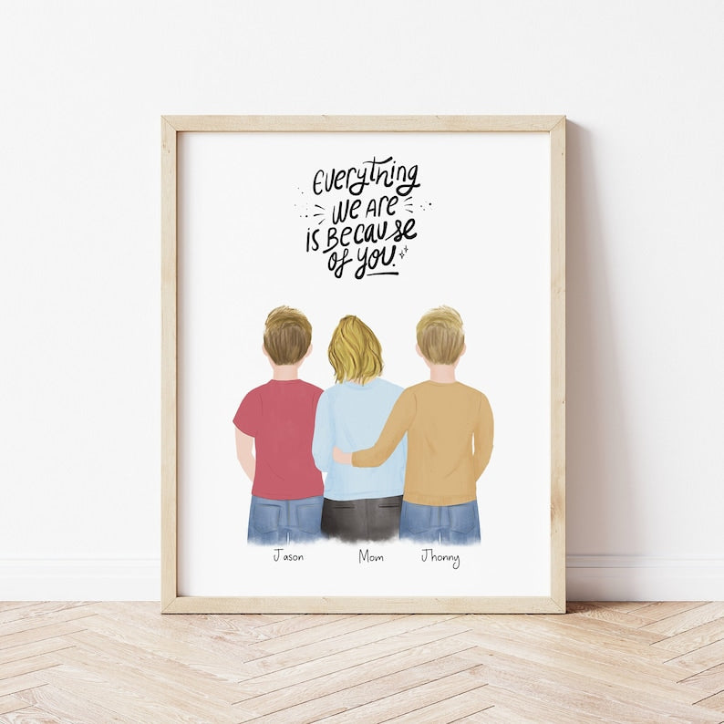 Mom and Sons personalized wall art - custom illustration by Catia Creative