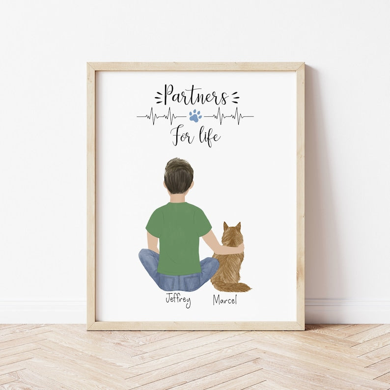 Boy and Cat personalized wall art - custom illustration by Catia Creative