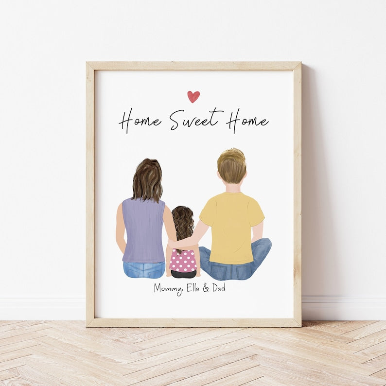 Parents and Little Girl personalized wall art - custom illustration by Catia Creative