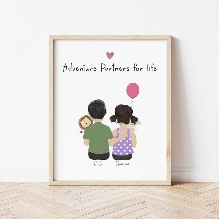 Little Kids with Stuff Animals Personalized Wall Art | Custom Illustration | Family Gift