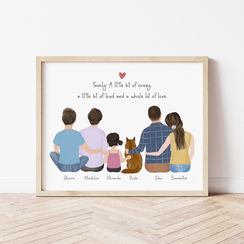 Full House Family and Cat personalized wall art - custom illustration by Catia Creative