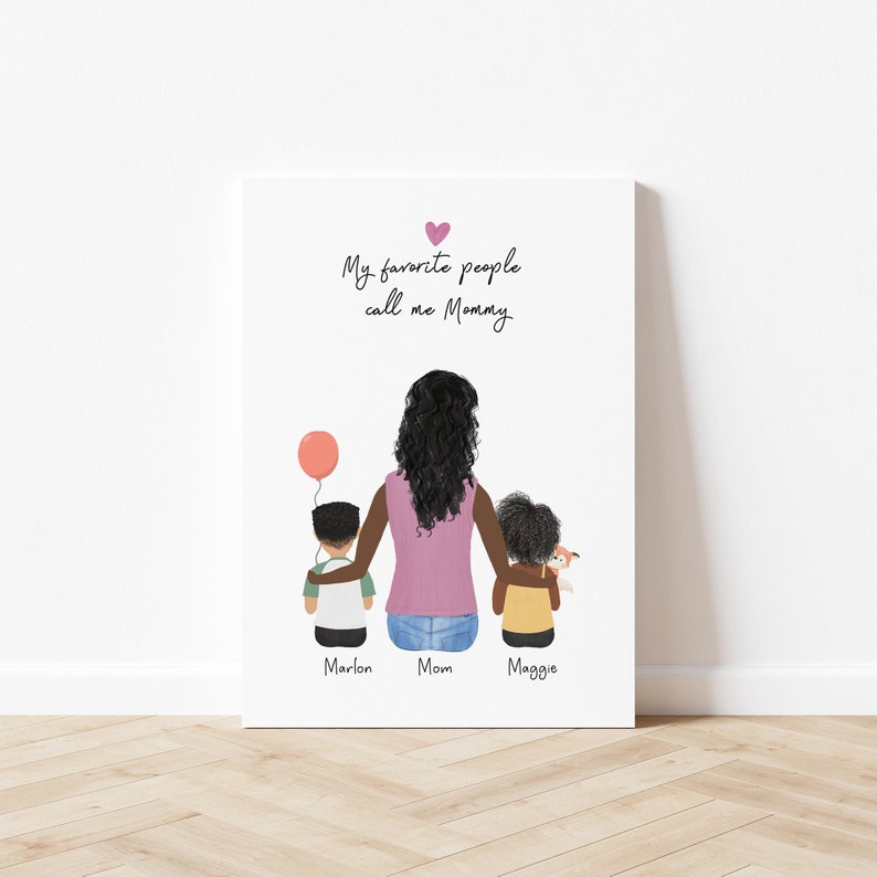 Mom and Kids with Stuffed Animals Customizable Wall Art