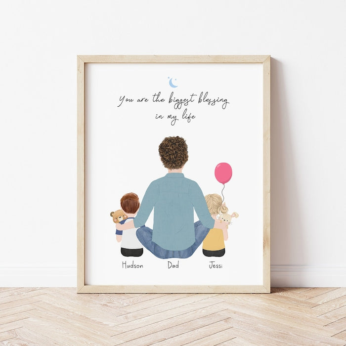 Dad, Little Girl and Little Boy Personalized Wall Art | Custom Illustration | Father's Day Gift