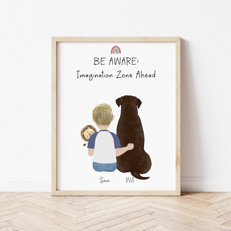 Personalized Little Boy with Dog Wall Art