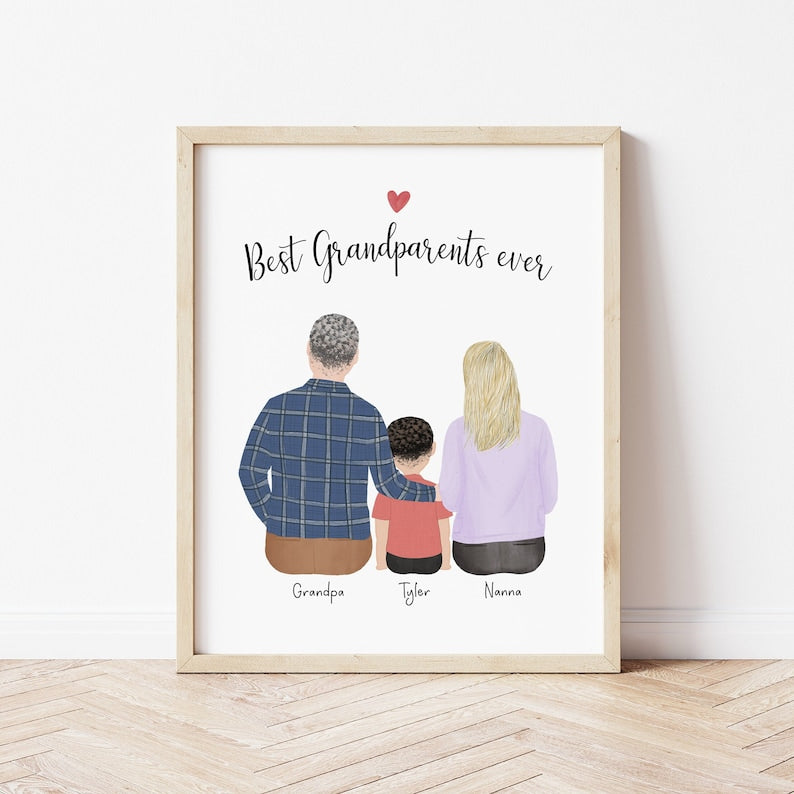 Grandparents and Little Girl personalized wall art - custom illustration by Catia Creative
