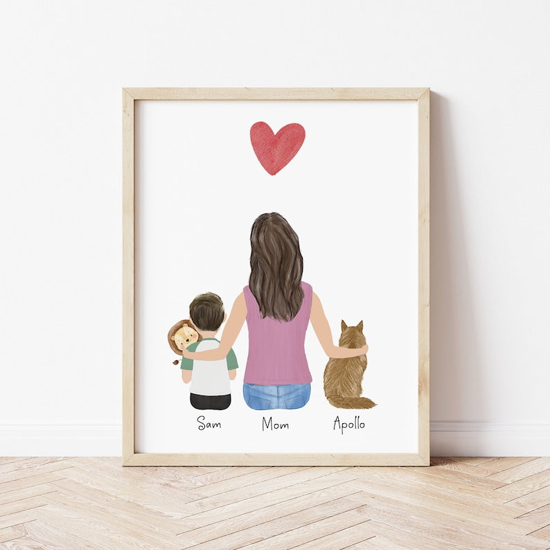 Customizable Mom and Little Boy with Cat Artwork