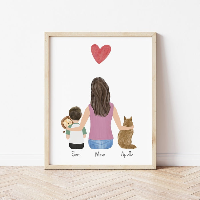 Mom and Little Boy with Cat Personalized Wall Art | Custom Illustration | Mother's Day Gift