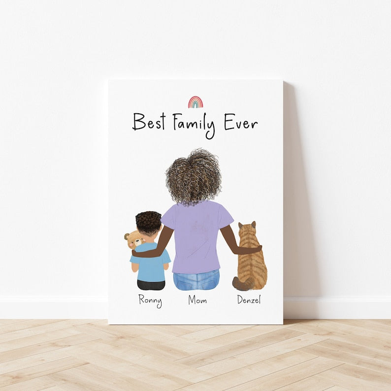 Customizable Mom and Little Boy with Cat Artwork