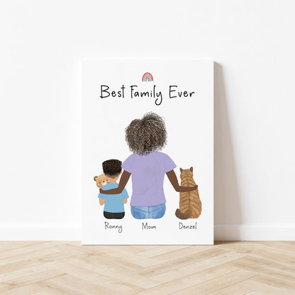 Customizable Mom and Little Boy with Cat Artwork