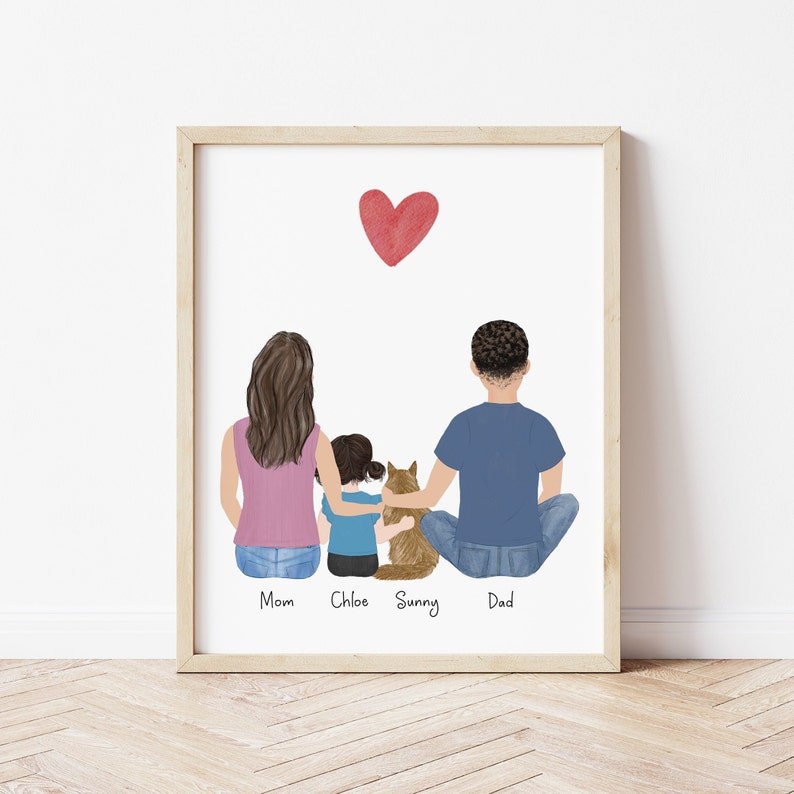 Mom, Dad, Little Girl and Cat personalized wall art - custom illustration by Catia Creative