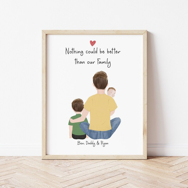 Dad, Little Boy and Baby personalized wall art - custom illustration by Catia Creative