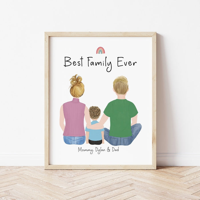 Parents and Little Boy Personalized Wall Art | Custom Illustration | Mother's Day Gift