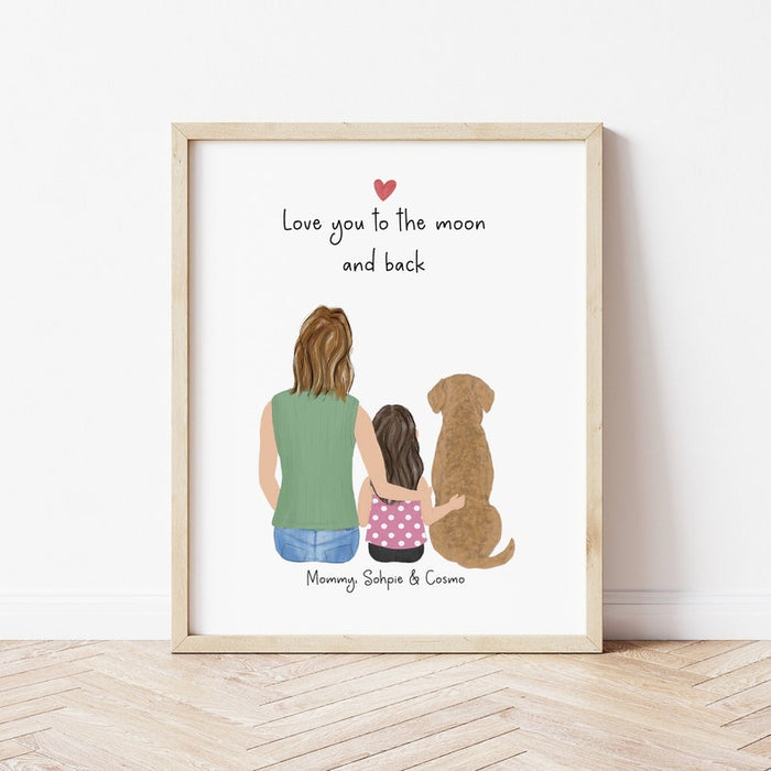 Mom and Little Girl with Dog Personalized Wall Art | Custom Illustration | Mother's Day Gift