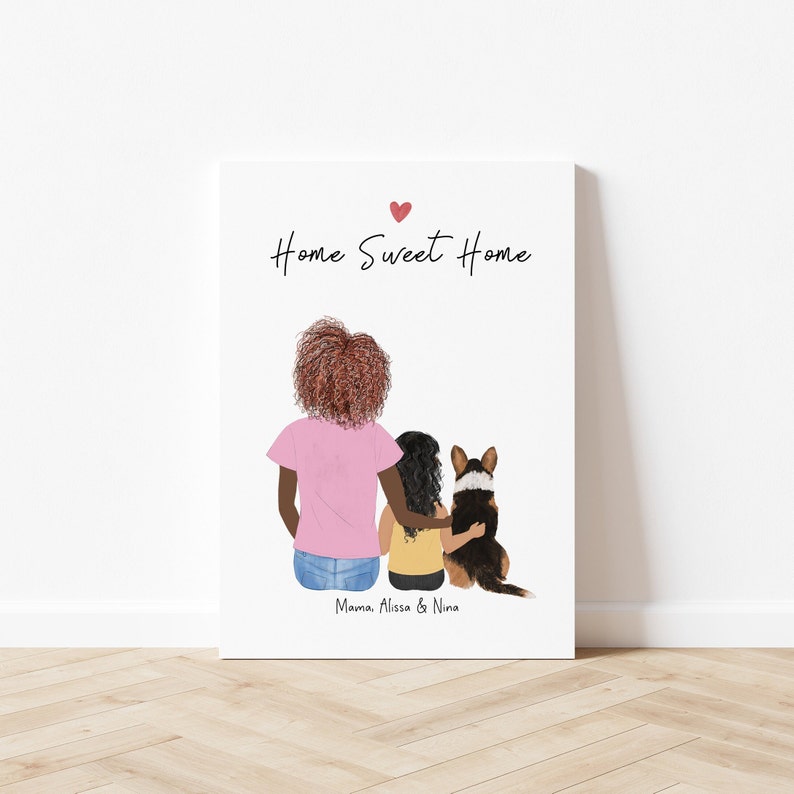 Customizable Mom and Little Girl with Dog Illustration