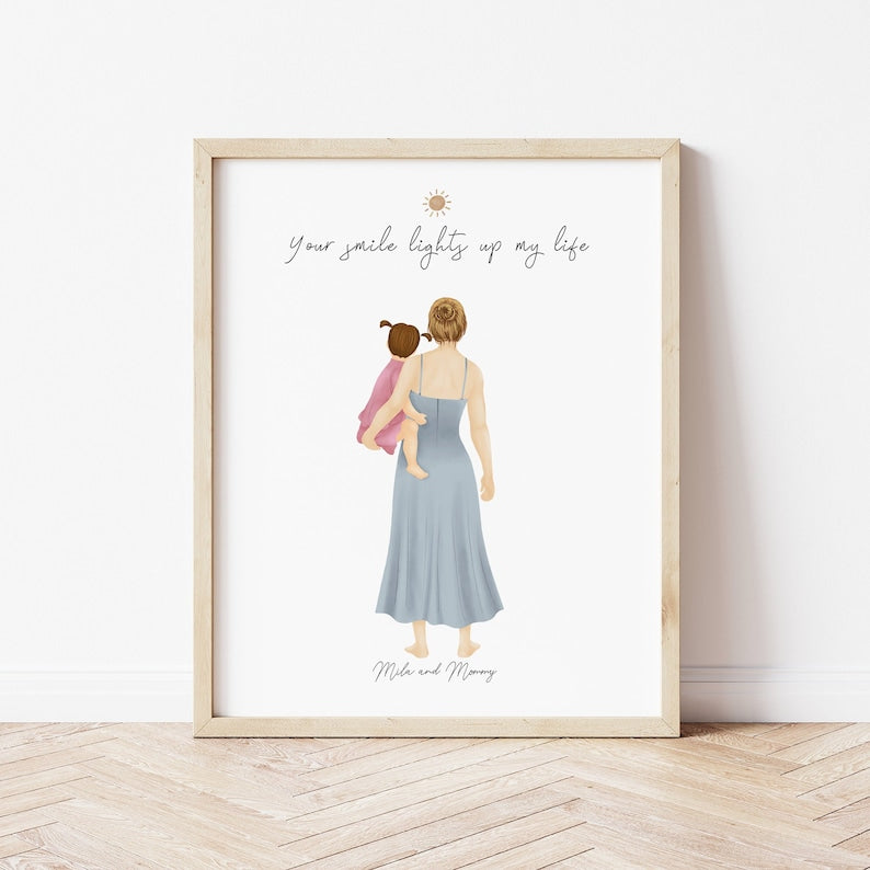 Mom and Daughter in Arms personalized wall art - custom illustration by Catia Creative