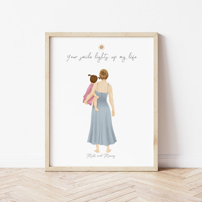 Mom and Daughter in Arms Personalized Wall Art | Custom Illustration | Mother's Day Gift