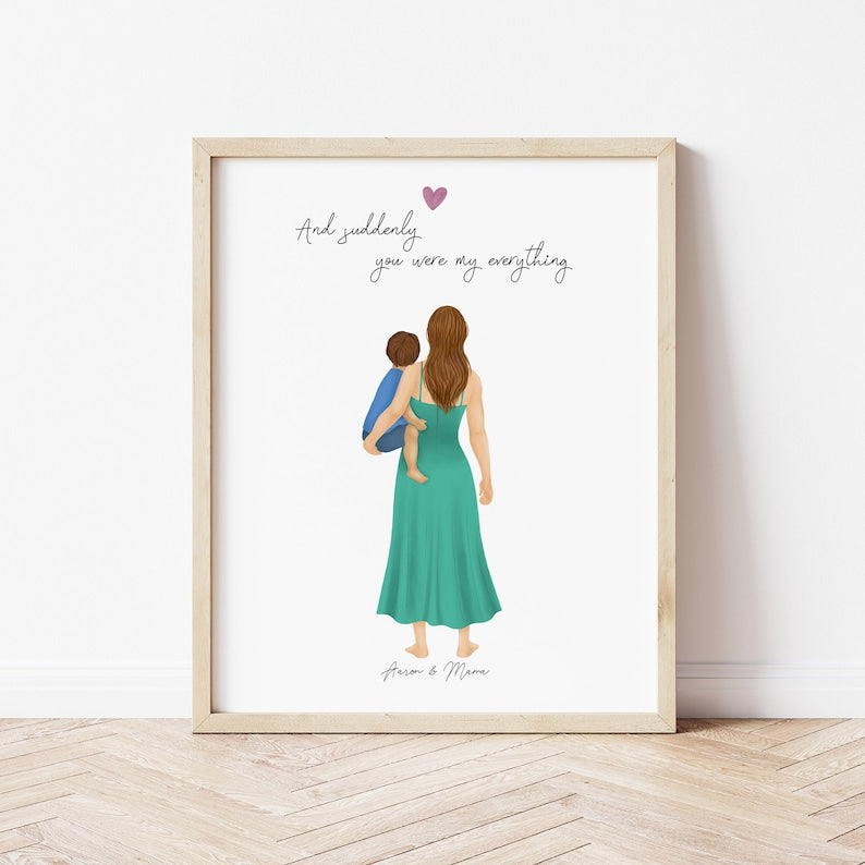 Mother and Son in Arms personalized wall art - custom illustration by Catia Creative