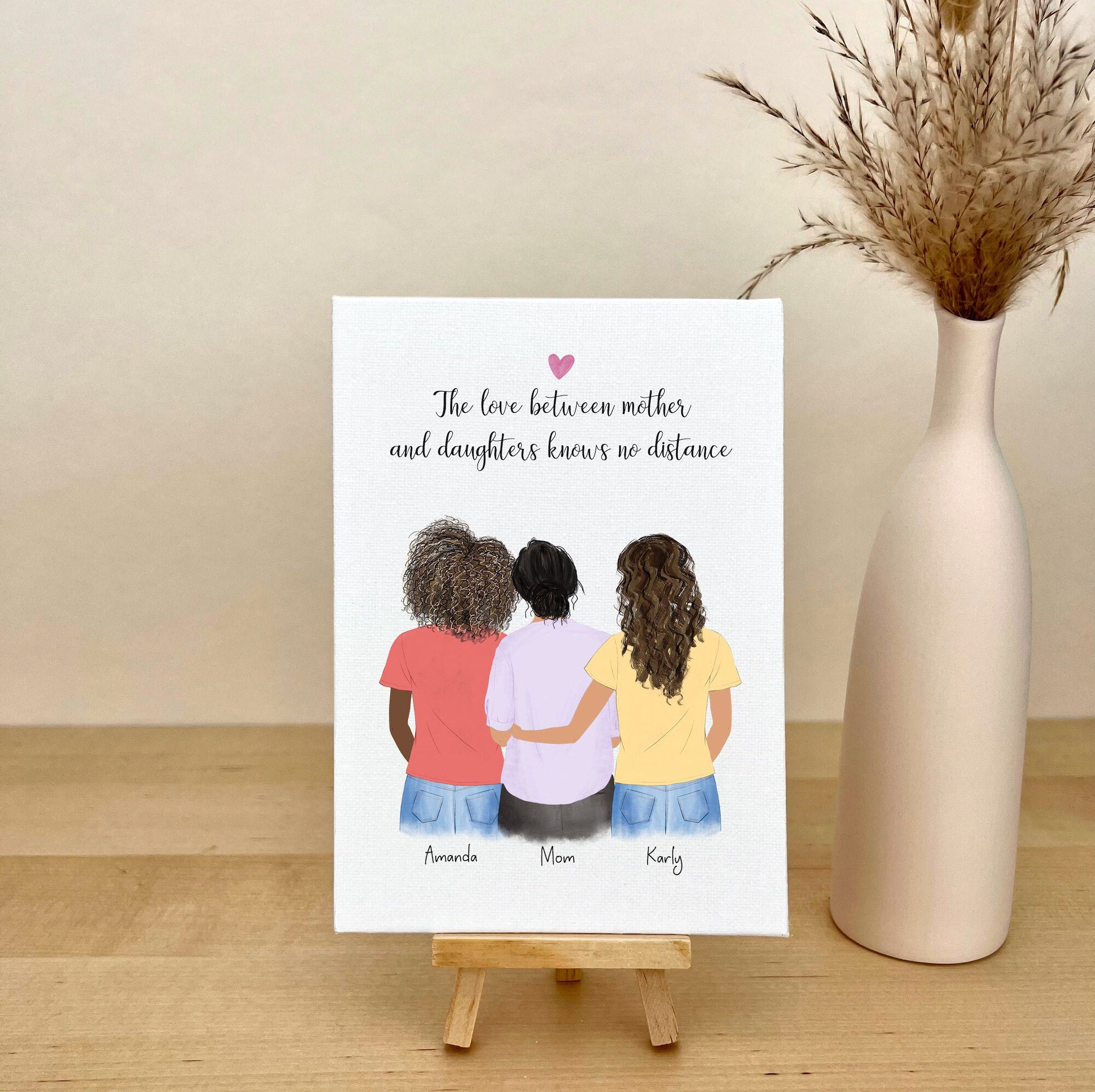 Mom and Daughters personalized Illustration on Canvas