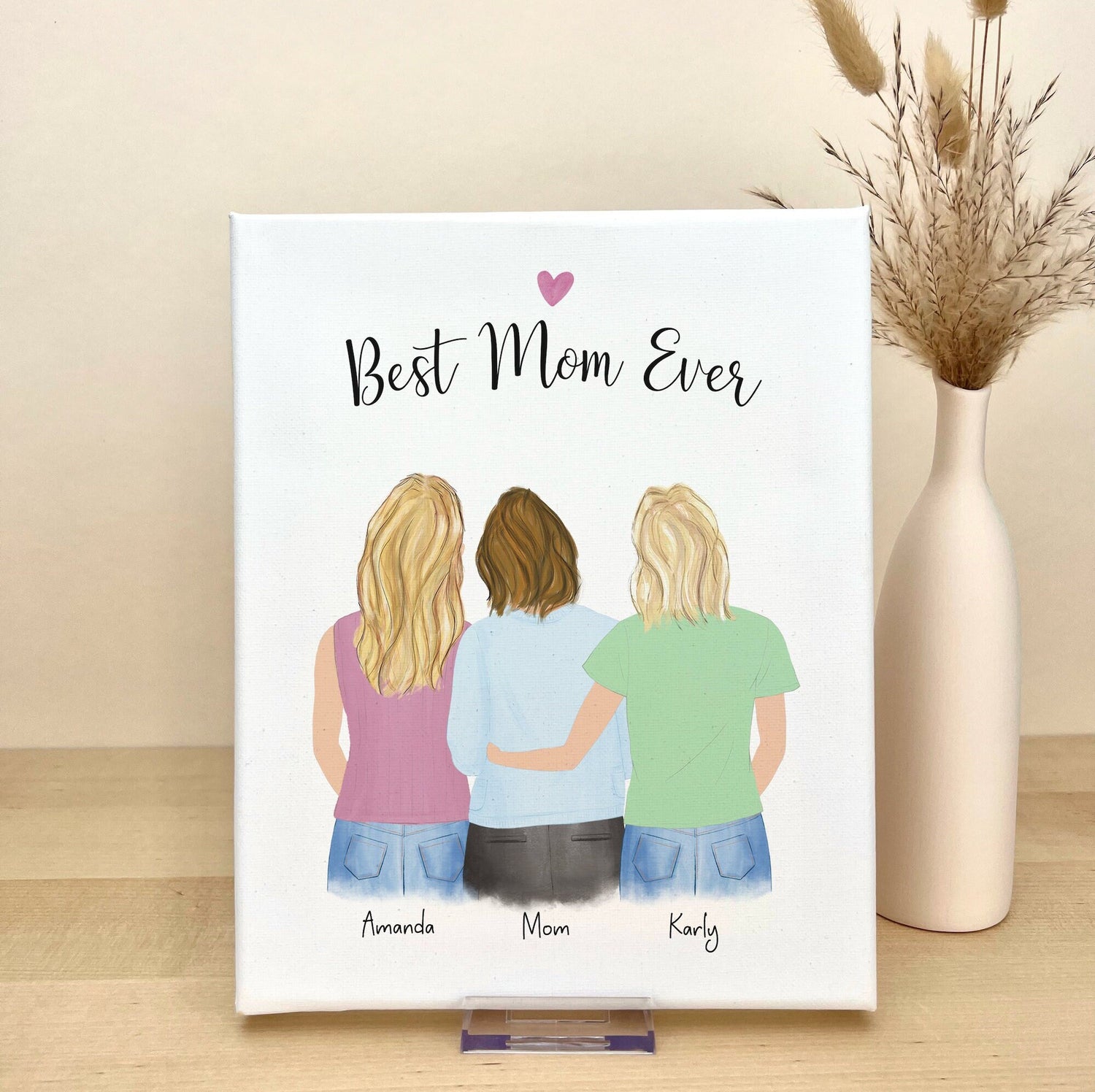 Mom and Daughters personalized Illustration on Canvas