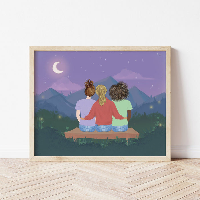 Three Best Friends Personalized Wall Art | Custom Illustration | Best Friends Gift