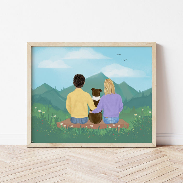 Love Couple with Dog Personalized Wall Art | Custom Illustration | Anniversary Gift
