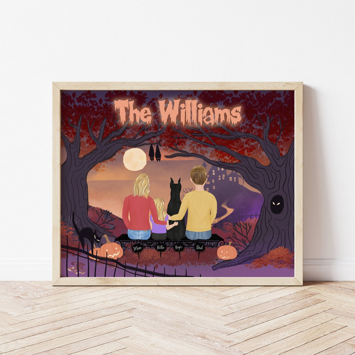 Young Family with a Pet personalized wall art - custom illustration by Catia Creative