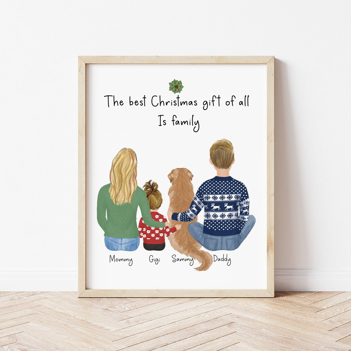 Young Family and Pet personalized wall art - custom illustration by Catia Creative