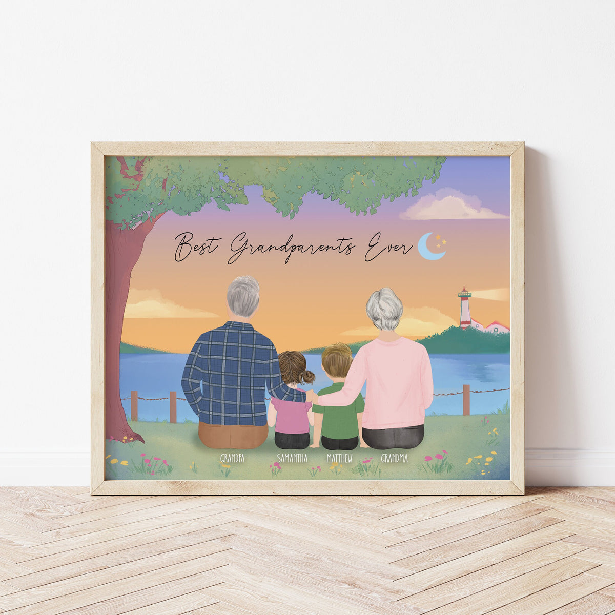 Grandparents with little Kids personalized wall art - custom illustration by Catia Creative