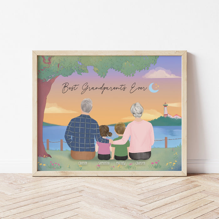 Grandparents with little Kids Personalized Wall Art | Custom Illustration | Father's Day Gift