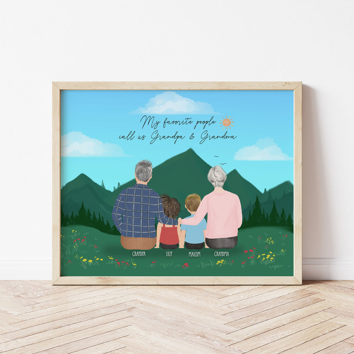 Grandparents and kids personalized wall art - custom illustration by Catia Creative