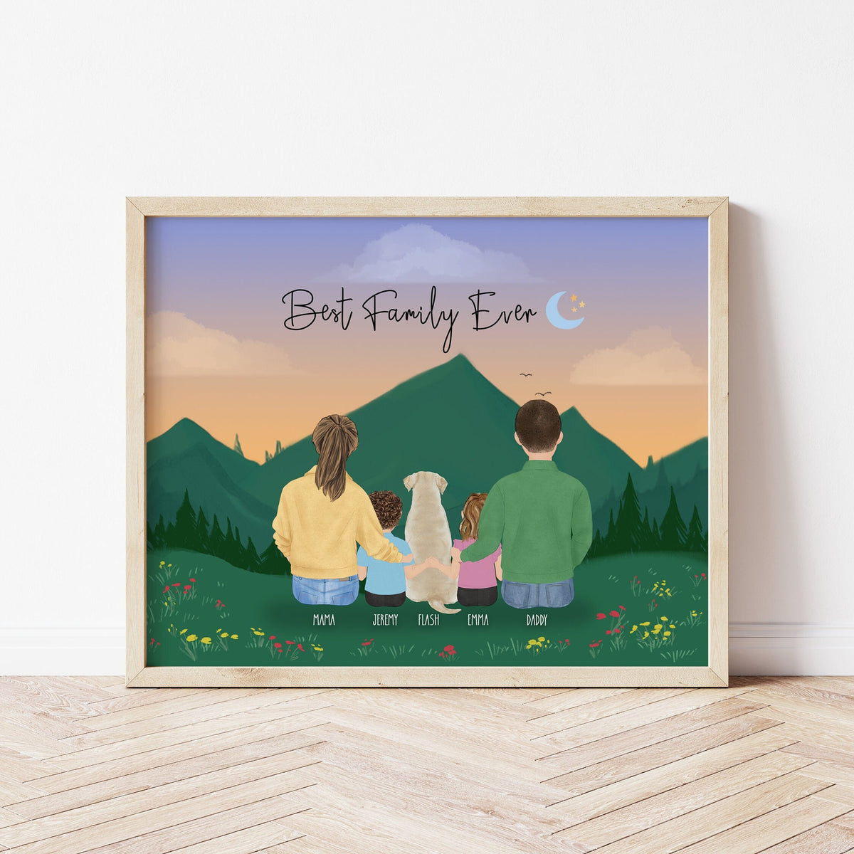 Family with Kids and a Pet personalized wall art - custom illustration by Catia Creative