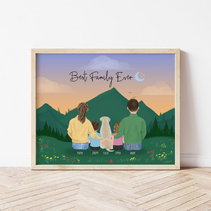 Family with Kids and a Pet Personalized Wall Art | Custom Illustration | Mother's Day Gift