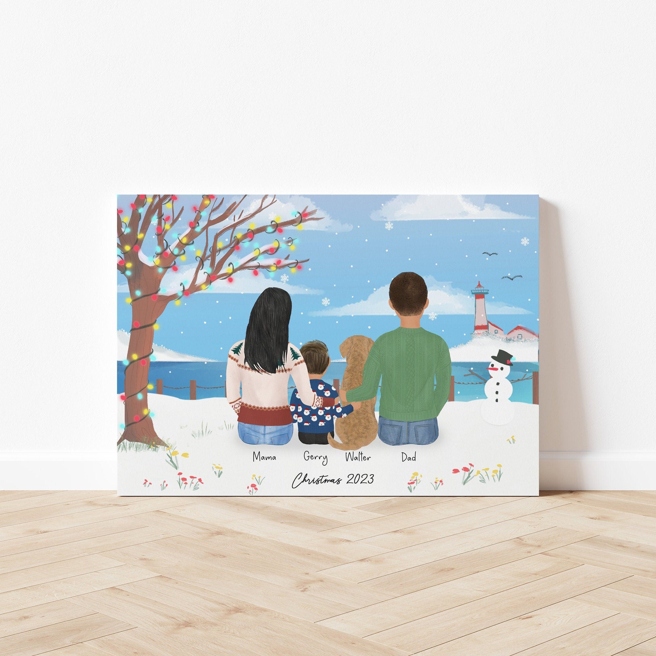 Customizable Young Family with Pet Wall Art