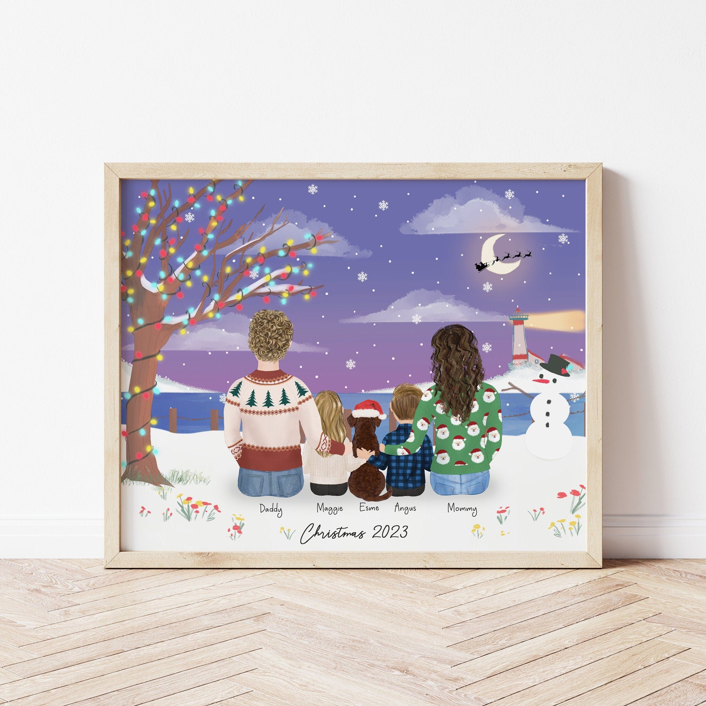 Customizable Young Family with Pet Wall Art