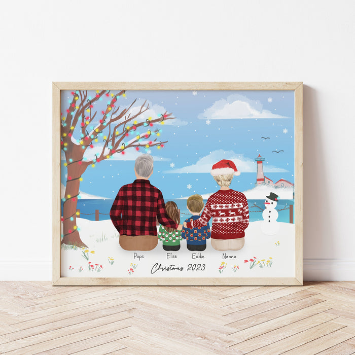 Grandparents with Grandkids Personalized Wall Art | Custom Illustration | Father's Day Gift