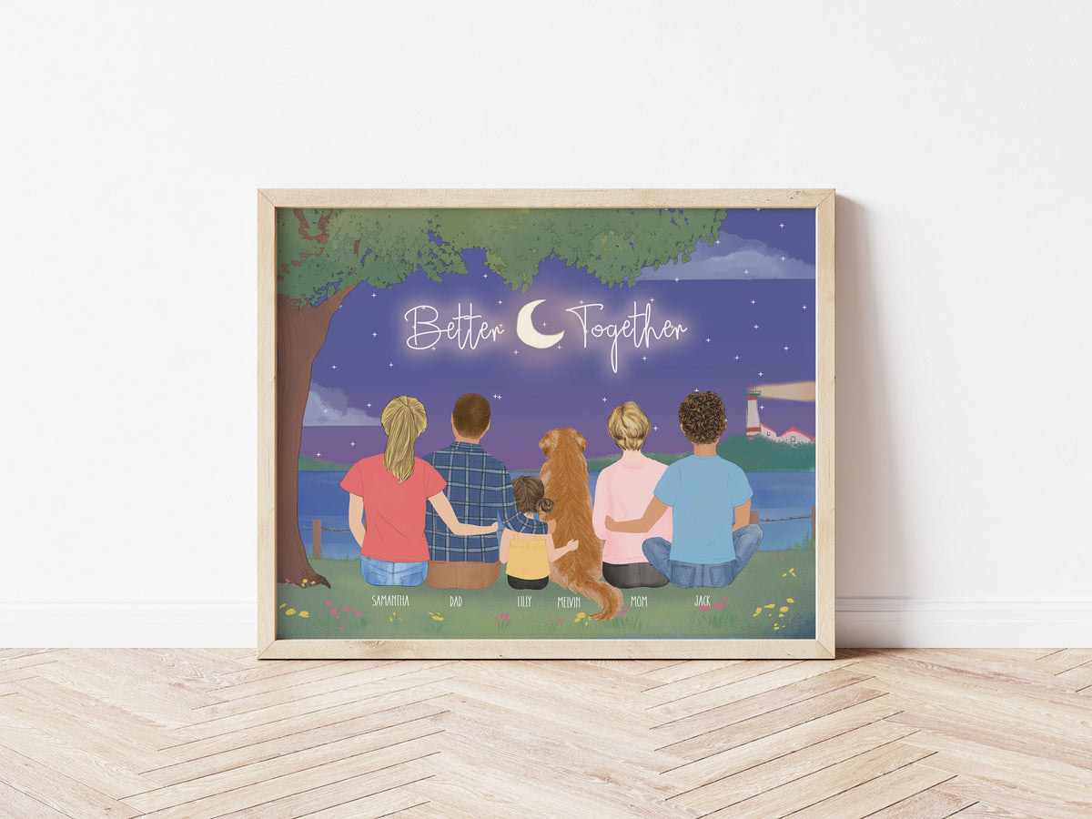 Family with Dog personalized wall art - custom illustration by Catia Creative