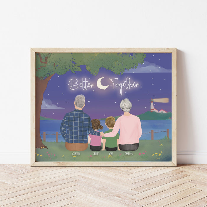 Grandparents with Kids Personalized Wall Art | Custom Illustration | Father's Day Gift