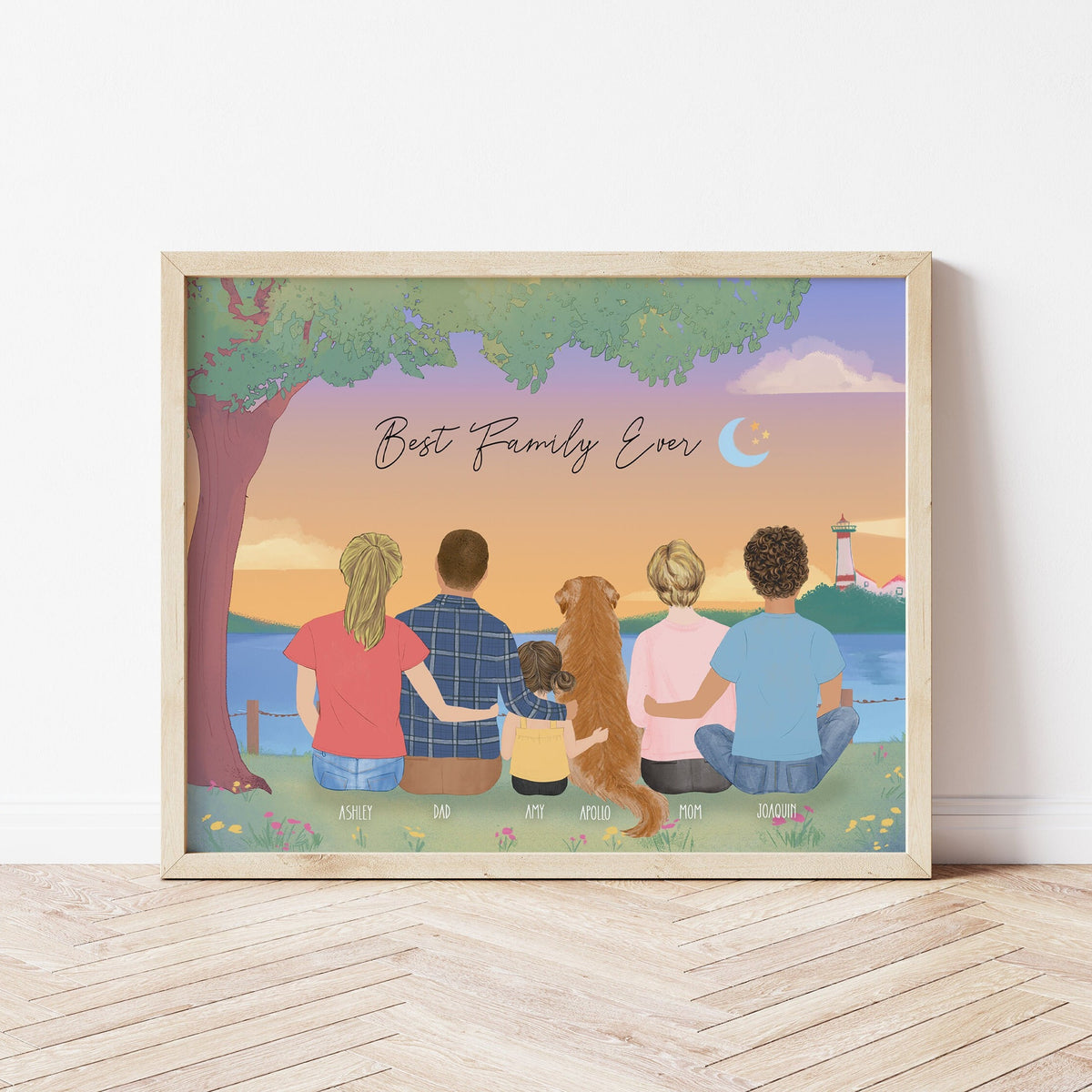Family with Dog personalized wall art - custom illustration by Catia Creative