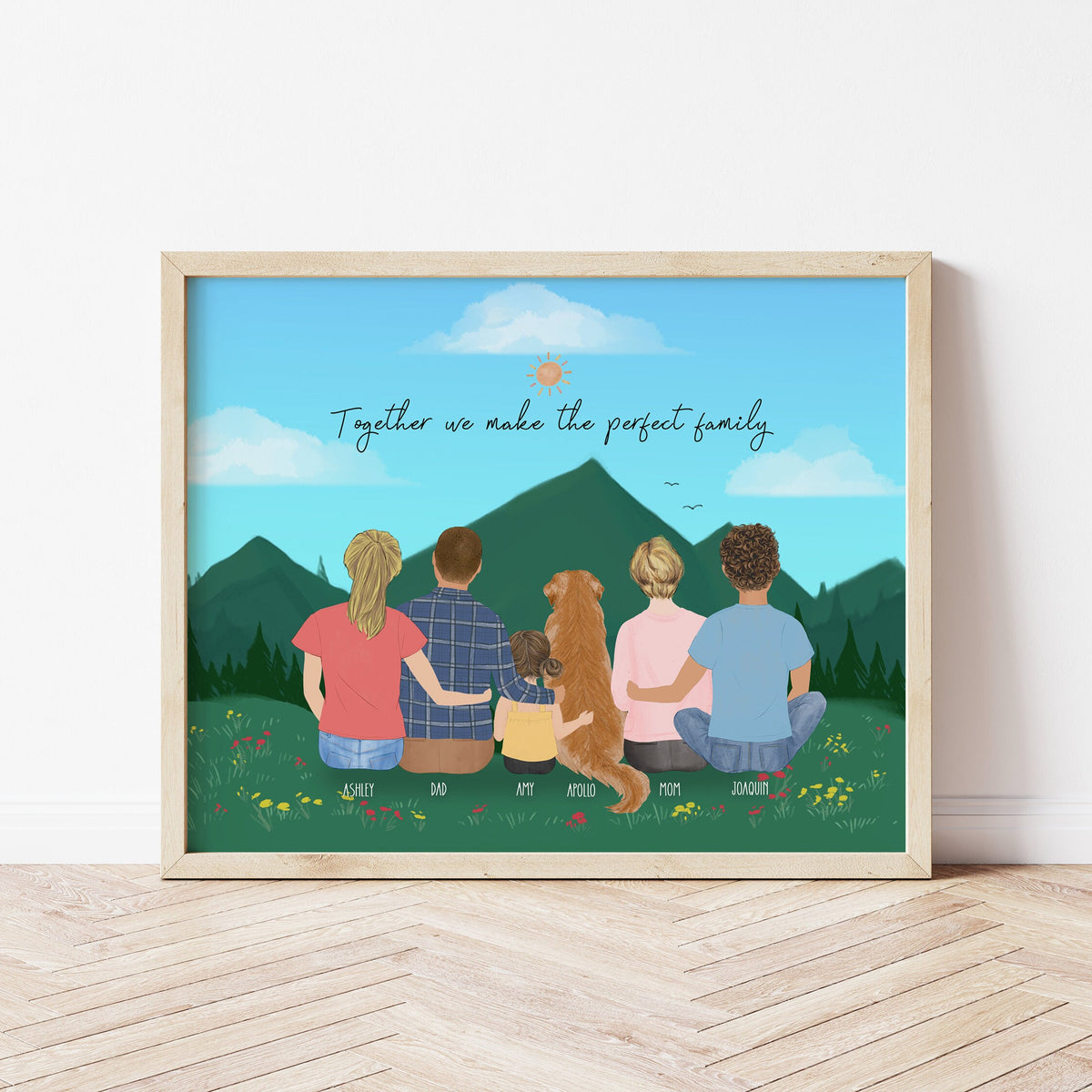 Family and Dog personalized wall art - custom illustration by Catia Creative
