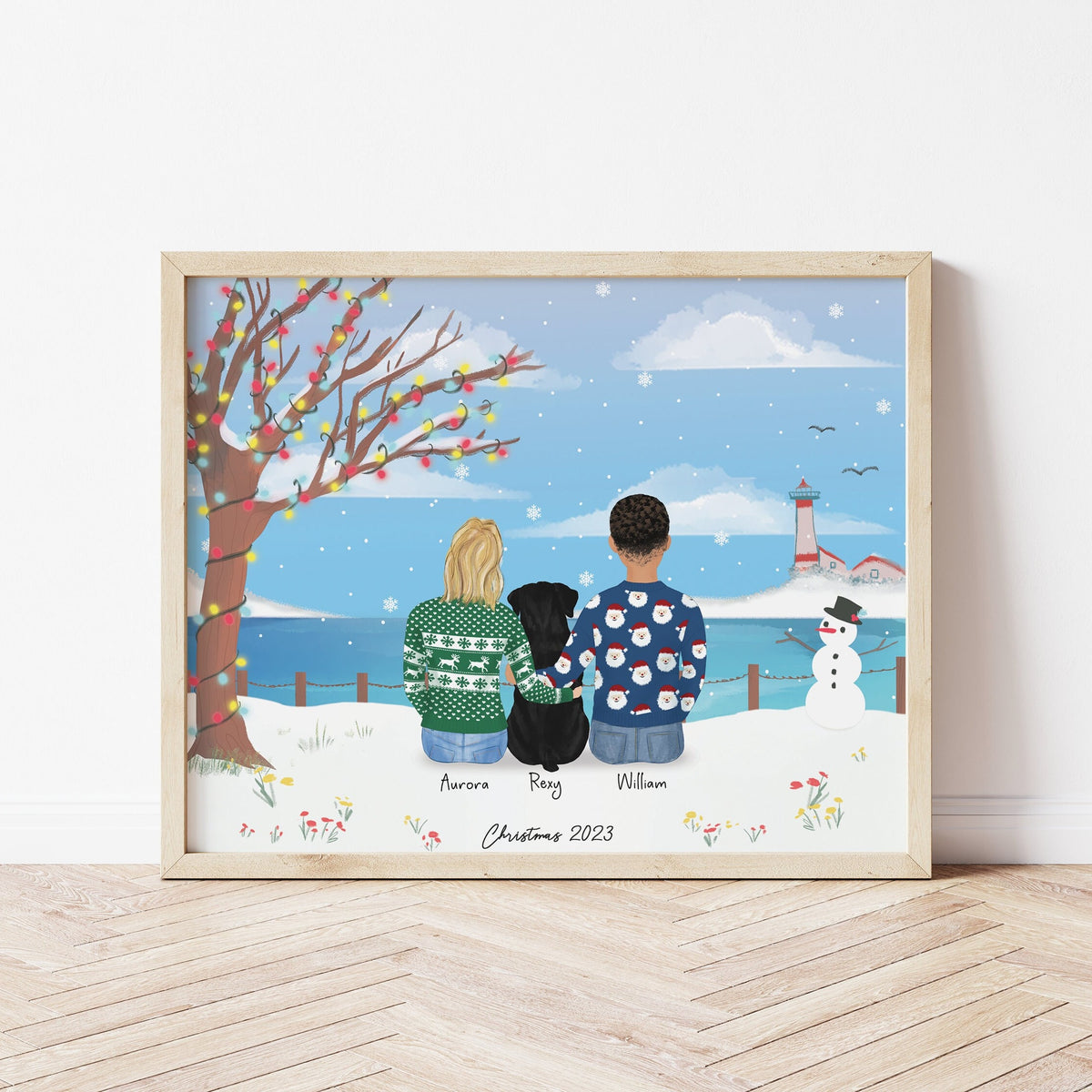 Framed for Couples and pet for holidays personalized wall art - custom illustration by Catia Creative